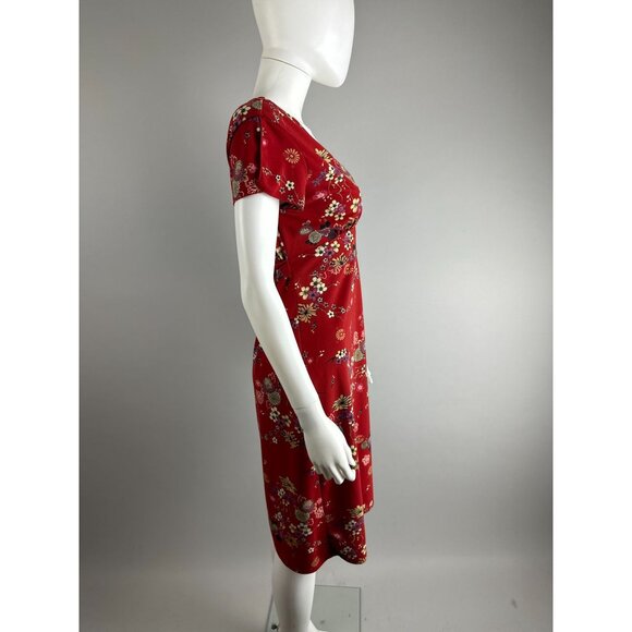 Vtg 90s Red Asian Inspired Floral V Neck A Line Dress Whimsygoth Size 11/12 - Picture 5 of 7
